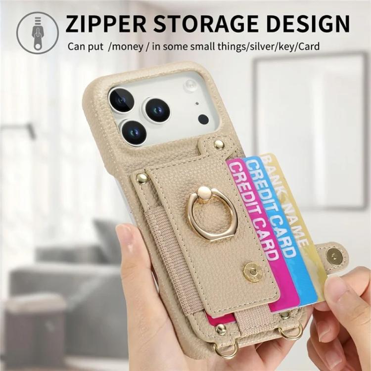For iPhone 12 Litchi Texture Card Bag Ring Holder Vegan Leather + PC Phone Case with Shoulder Strap