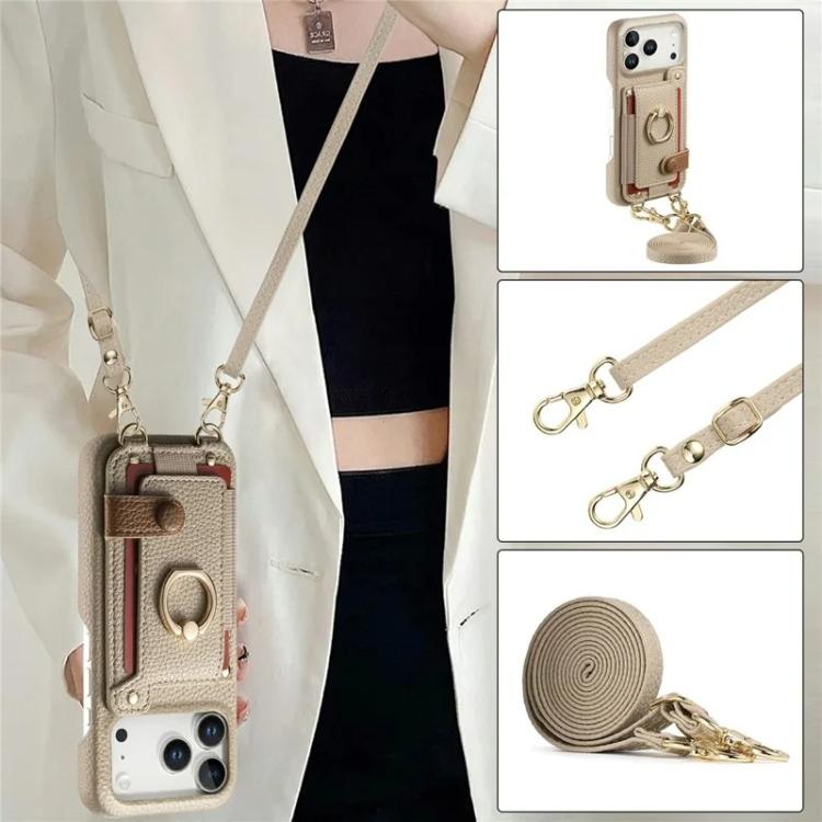 For iPhone 12 Litchi Texture Card Bag Ring Holder Vegan Leather + PC Phone Case with Shoulder Strap