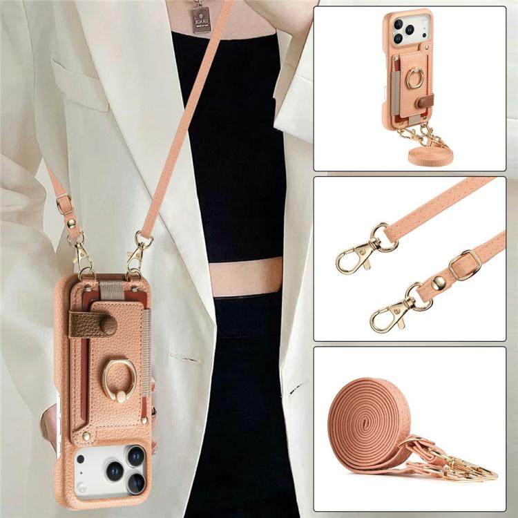 For iPhone 12 Litchi Texture Card Bag Ring Holder Vegan Leather + PC Phone Case with Shoulder Strap