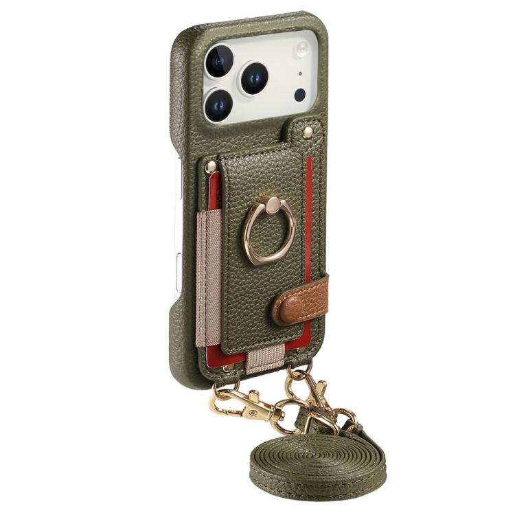 For iPhone 12 Litchi Texture Card Bag Ring Holder Vegan Leather + PC Phone Case with Shoulder Strap