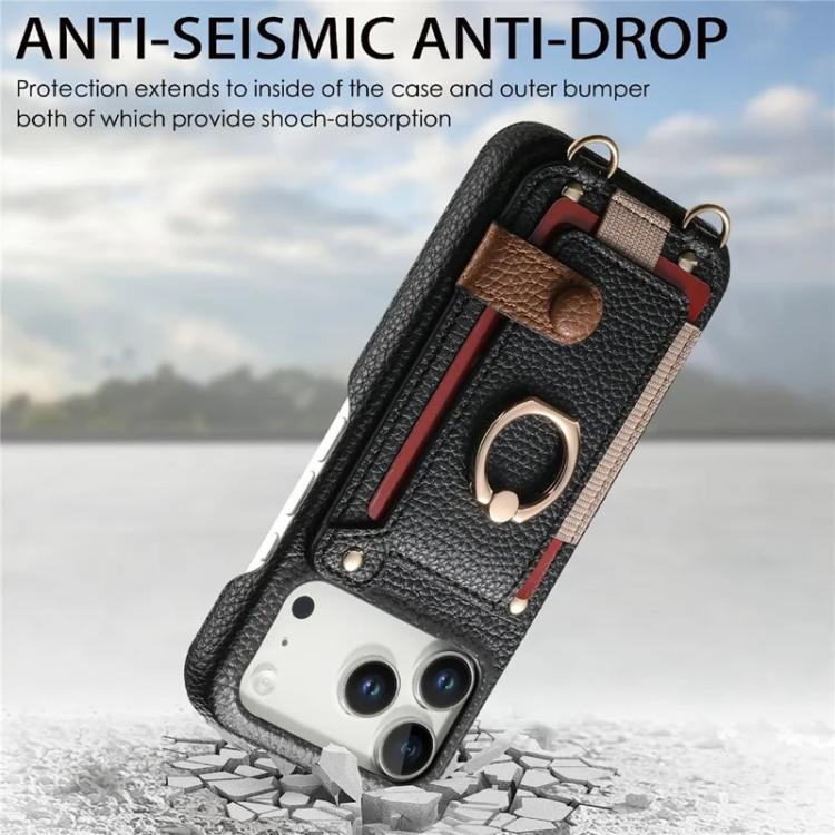 For iPhone 12 Pro Max Litchi Texture Card Bag Ring Holder Vegan Leather + PC Phone Case with Shoulder Strap