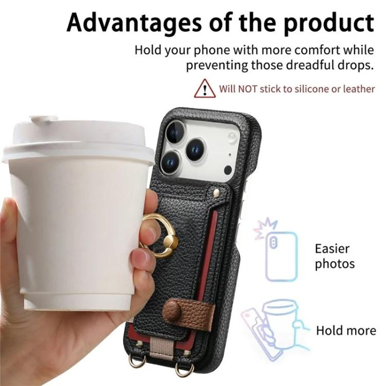 For iPhone 11 Litchi Texture Card Bag Ring Holder Vegan Leather + PC Phone Case with Shoulder Strap
