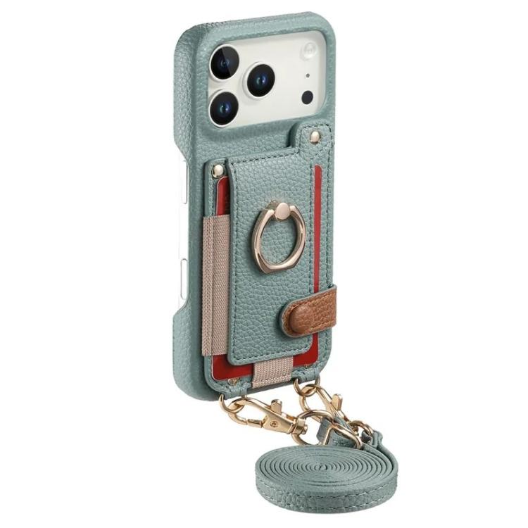 For iPhone 11 Litchi Texture Card Bag Ring Holder Vegan Leather + PC Phone Case with Shoulder Strap