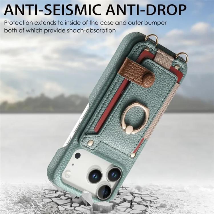 For iPhone 11 Litchi Texture Card Bag Ring Holder Vegan Leather + PC Phone Case with Shoulder Strap