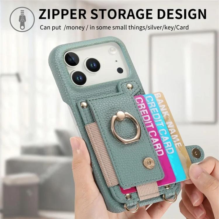 For iPhone 11 Litchi Texture Card Bag Ring Holder Vegan Leather + PC Phone Case with Shoulder Strap