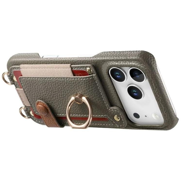 For iPhone 11 Litchi Texture Card Bag Ring Holder Vegan Leather + PC Phone Case with Shoulder Strap