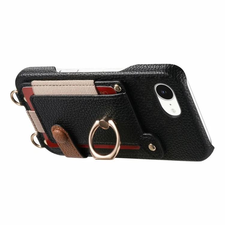 For iPhone 6 / 7 / 8 Litchi Texture Card Bag Ring Holder Vegan Leather + PC Phone Case with Shoulder Strap