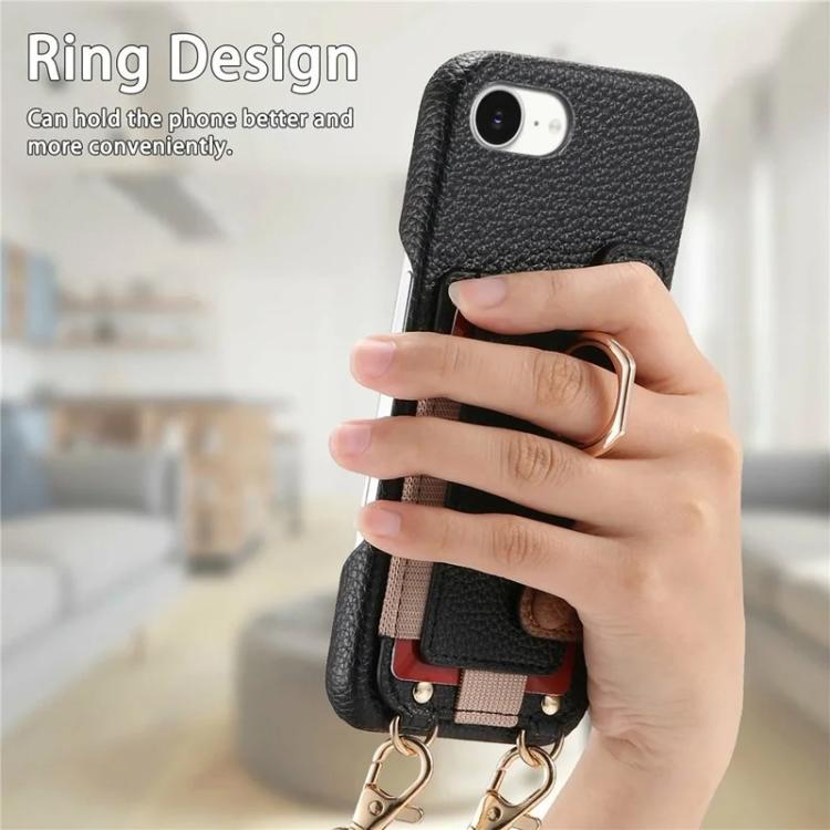 For iPhone 6 / 7 / 8 Litchi Texture Card Bag Ring Holder Vegan Leather + PC Phone Case with Shoulder Strap