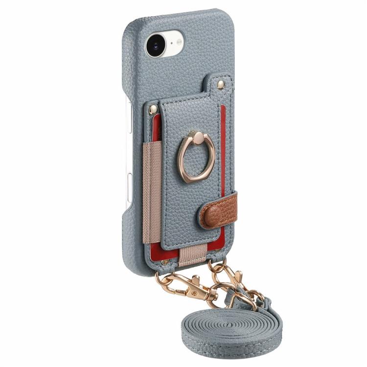For iPhone 6 / 7 / 8 Litchi Texture Card Bag Ring Holder Vegan Leather + PC Phone Case with Shoulder Strap