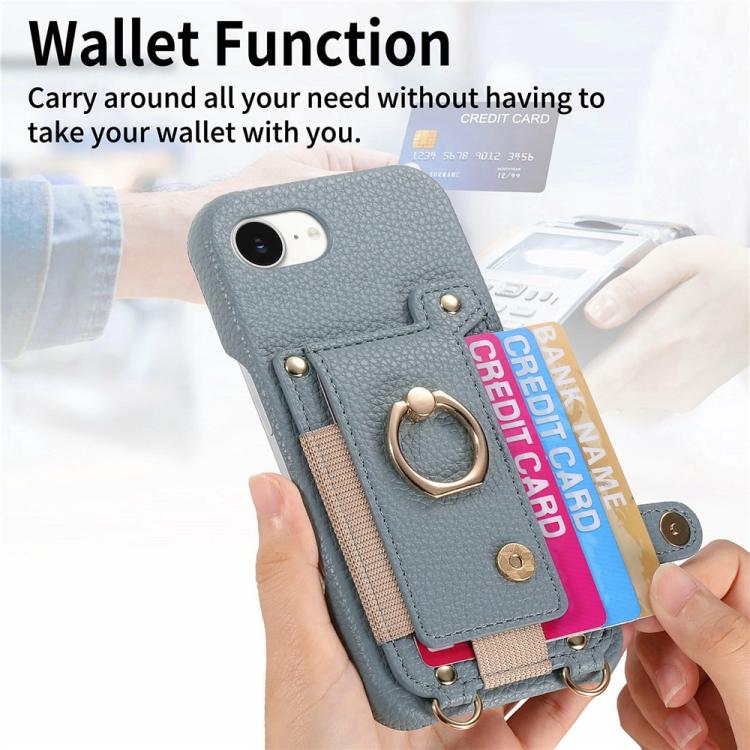 For iPhone 6 / 7 / 8 Litchi Texture Card Bag Ring Holder Vegan Leather + PC Phone Case with Shoulder Strap
