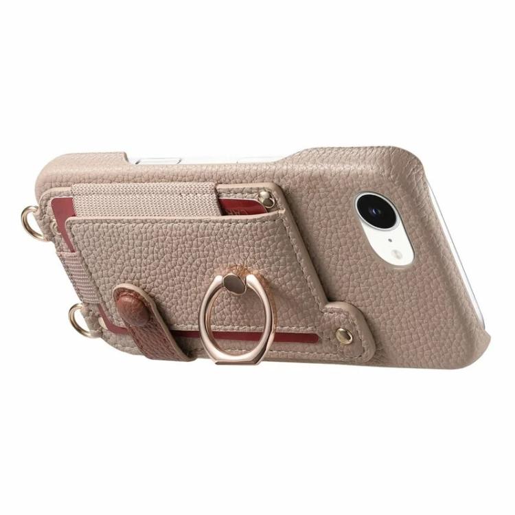 For iPhone 6 / 7 / 8 Litchi Texture Card Bag Ring Holder Vegan Leather + PC Phone Case with Shoulder Strap