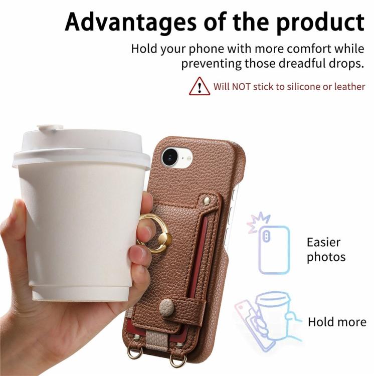 For iPhone 6 / 7 / 8 Litchi Texture Card Bag Ring Holder Vegan Leather + PC Phone Case with Shoulder Strap