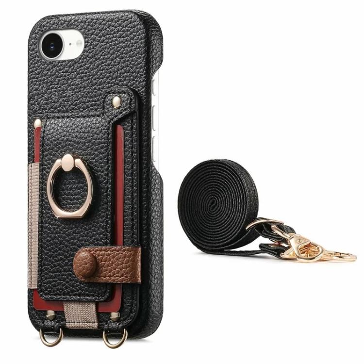 For iPhone 6 Plus/7 Plus/8 Plus Litchi Texture Card Bag Ring Holder Vegan Leather + PC Phone Case with Shoulder Strap