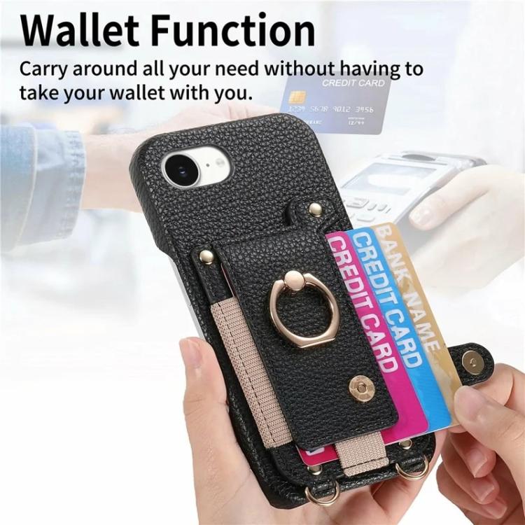 For iPhone 6 Plus/7 Plus/8 Plus Litchi Texture Card Bag Ring Holder Vegan Leather + PC Phone Case with Shoulder Strap