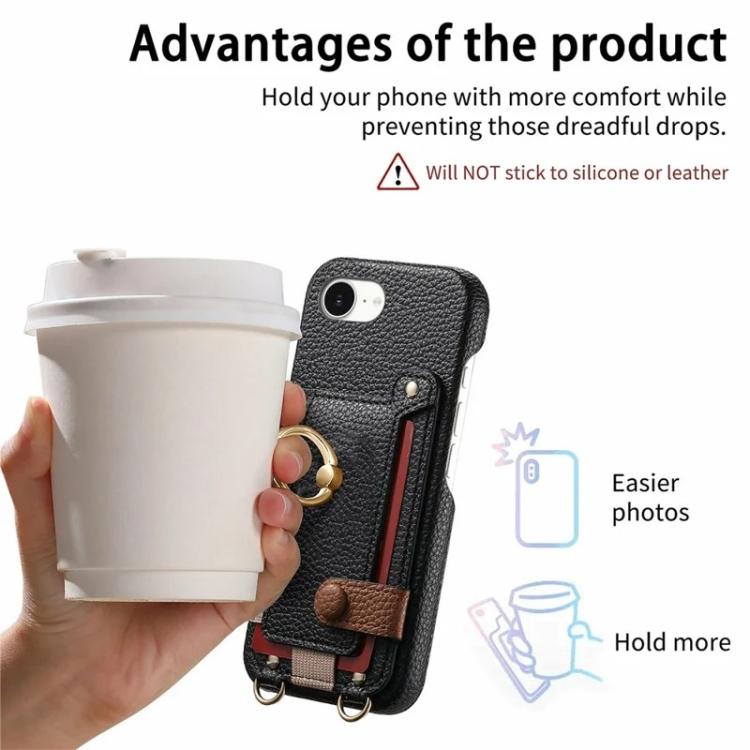 For iPhone 6 Plus/7 Plus/8 Plus Litchi Texture Card Bag Ring Holder Vegan Leather + PC Phone Case with Shoulder Strap