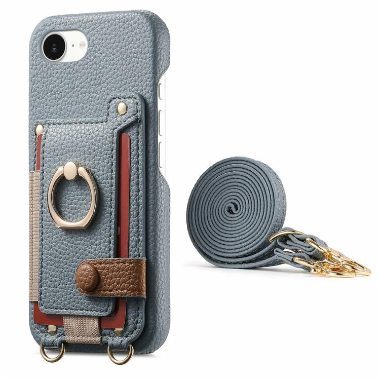 For iPhone 6 Plus/7 Plus/8 Plus Litchi Texture Card Bag Ring Holder Vegan Leather + PC Phone Case with Shoulder Strap