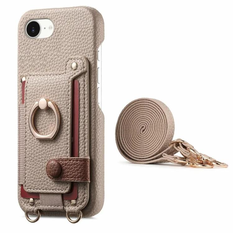 For iPhone 6 Plus/7 Plus/8 Plus Litchi Texture Card Bag Ring Holder Vegan Leather + PC Phone Case with Shoulder Strap