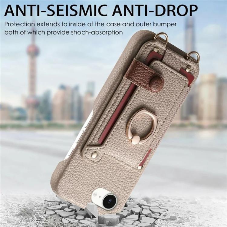 For iPhone 6 Plus/7 Plus/8 Plus Litchi Texture Card Bag Ring Holder Vegan Leather + PC Phone Case with Shoulder Strap
