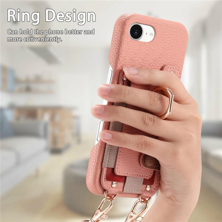 For iPhone 6 Plus/7 Plus/8 Plus Litchi Texture Card Bag Ring Holder Vegan Leather + PC Phone Case with Shoulder Strap