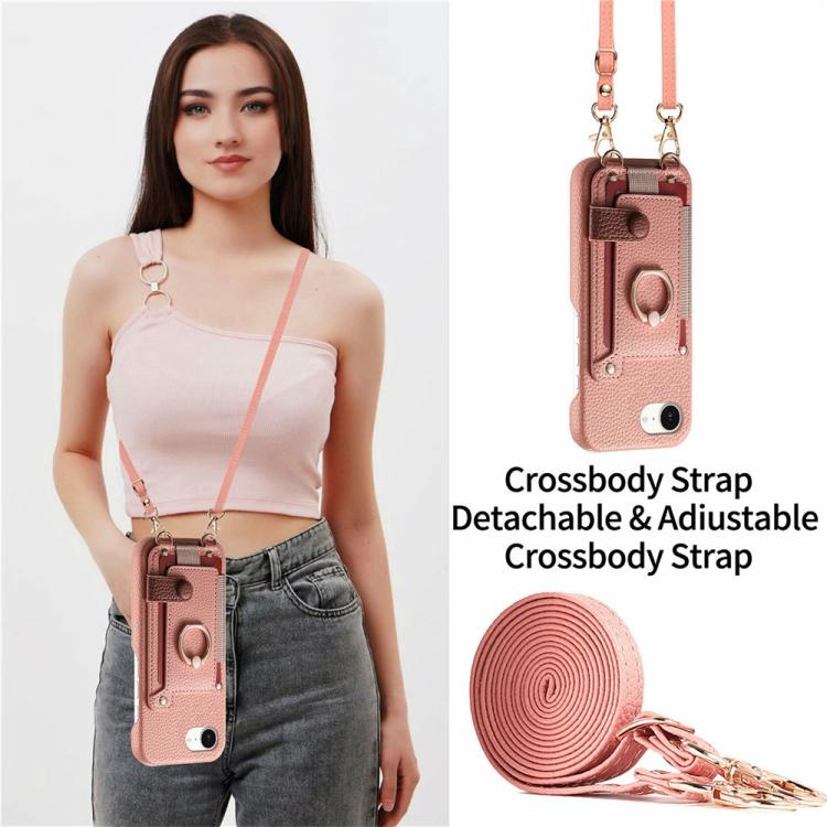 For iPhone 6 Plus/7 Plus/8 Plus Litchi Texture Card Bag Ring Holder Vegan Leather + PC Phone Case with Shoulder Strap