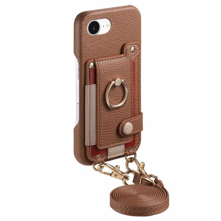 For iPhone 6 Plus/7 Plus/8 Plus Litchi Texture Card Bag Ring Holder Vegan Leather + PC Phone Case with Shoulder Strap
