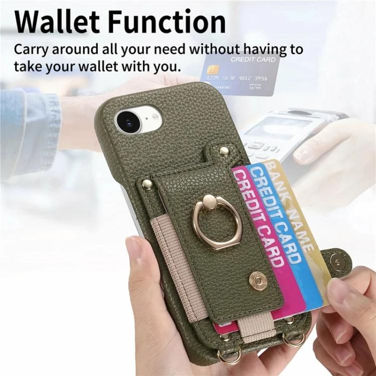 For iPhone 6 Plus/7 Plus/8 Plus Litchi Texture Card Bag Ring Holder Vegan Leather + PC Phone Case with Shoulder Strap