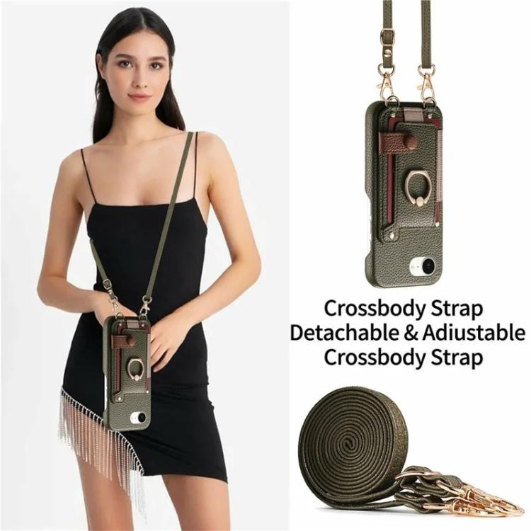 For iPhone 6 Plus/7 Plus/8 Plus Litchi Texture Card Bag Ring Holder Vegan Leather + PC Phone Case with Shoulder Strap