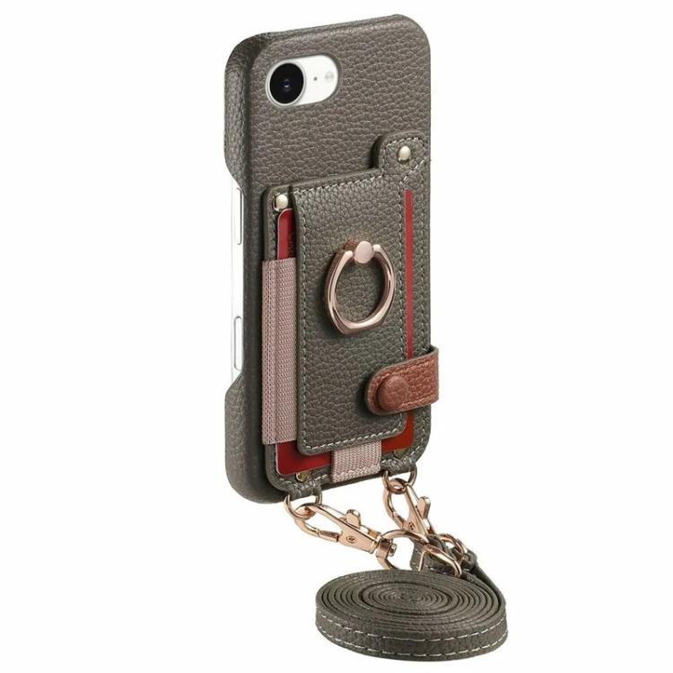 For iPhone 6 Plus/7 Plus/8 Plus Litchi Texture Card Bag Ring Holder Vegan Leather + PC Phone Case with Shoulder Strap