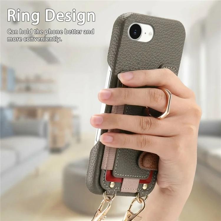 For iPhone 6 Plus/7 Plus/8 Plus Litchi Texture Card Bag Ring Holder Vegan Leather + PC Phone Case with Shoulder Strap