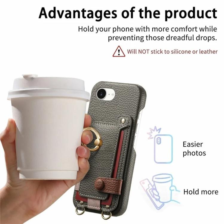 For iPhone 6 Plus/7 Plus/8 Plus Litchi Texture Card Bag Ring Holder Vegan Leather + PC Phone Case with Shoulder Strap