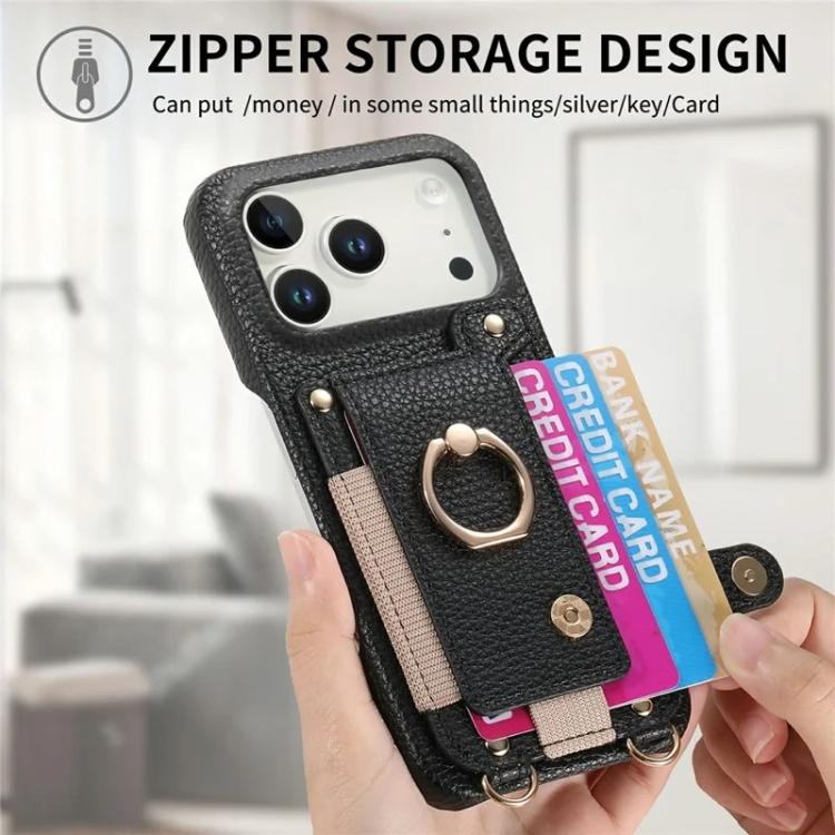 For iPhone 11 Pro Litchi Texture Card Bag Ring Holder Vegan Leather + PC Phone Case with Shoulder Strap