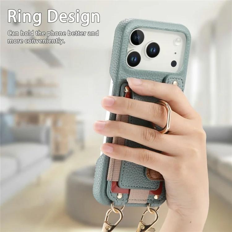 For iPhone 11 Pro Max Litchi Texture Card Bag Ring Holder Vegan Leather + PC Phone Case with Shoulder Strap