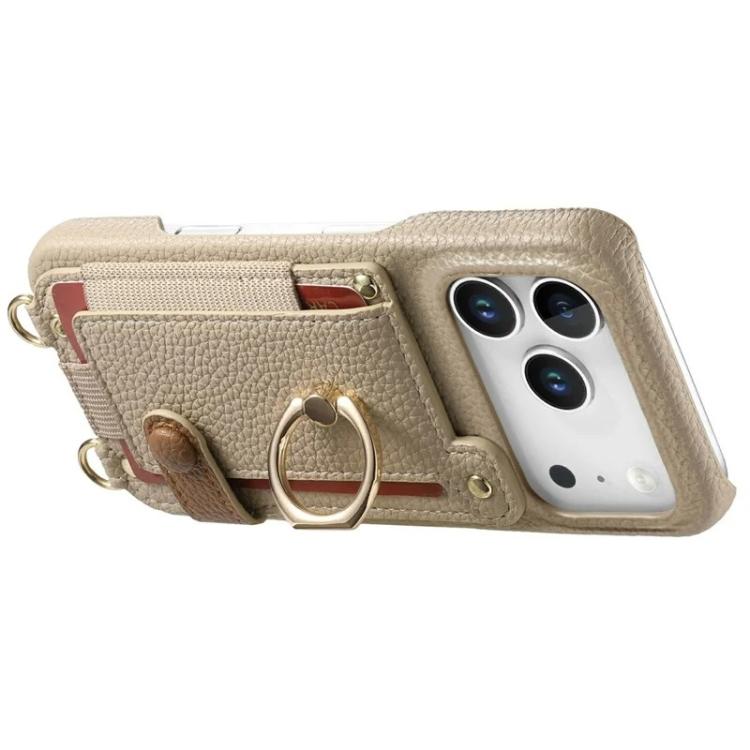For iPhone 11 Pro Max Litchi Texture Card Bag Ring Holder Vegan Leather + PC Phone Case with Shoulder Strap