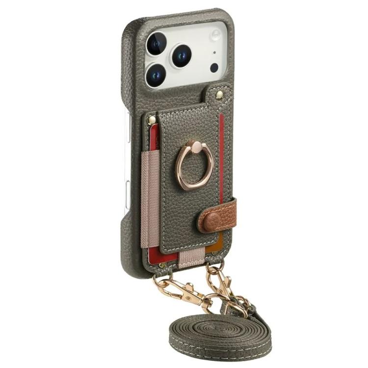 For iPhone 11 Pro Max Litchi Texture Card Bag Ring Holder Vegan Leather + PC Phone Case with Shoulder Strap