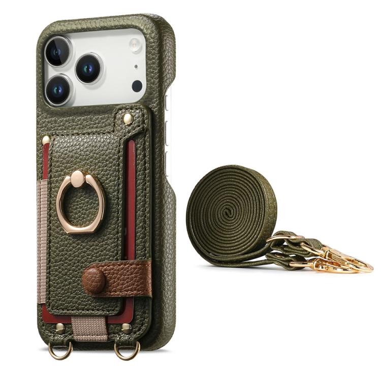 For iPhone 13 mini Litchi Texture Card Bag Ring Holder Vegan Leather + PC Phone Case with Shoulder Strap