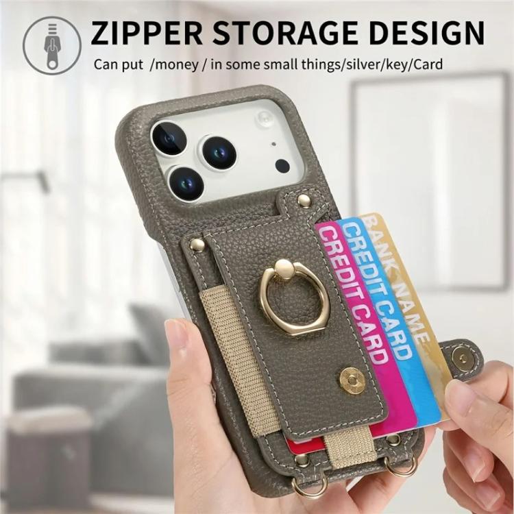 For iPhone 13 mini Litchi Texture Card Bag Ring Holder Vegan Leather + PC Phone Case with Shoulder Strap