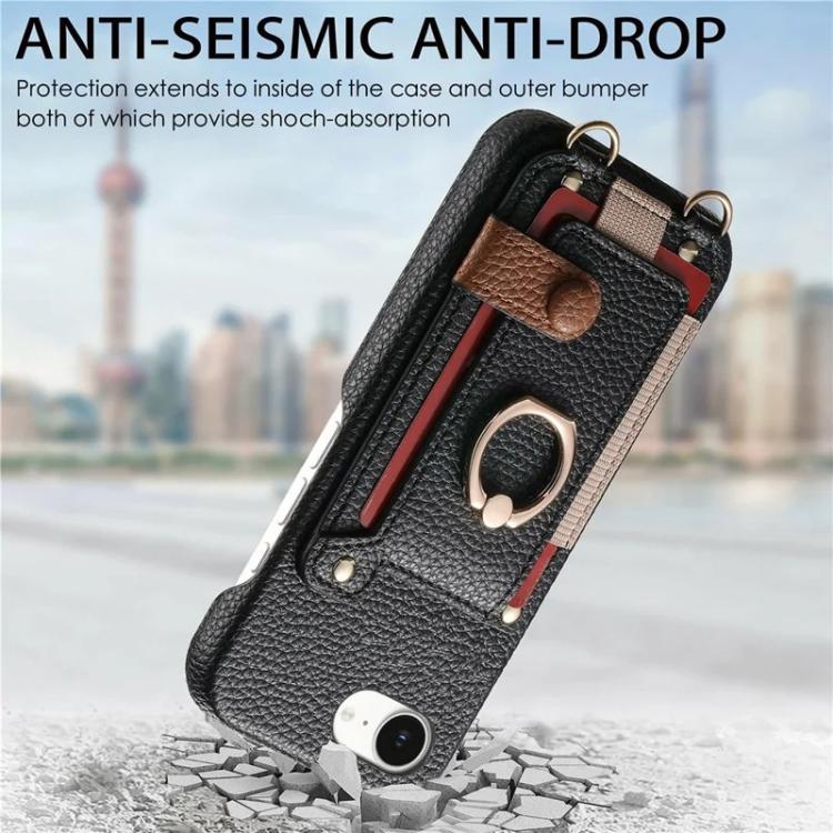 For iPhone 16e / 17e Litchi Texture Card Bag Ring Holder Vegan Leather + PC Phone Case with Shoulder Strap