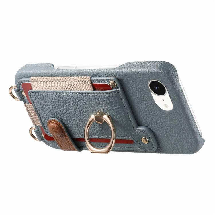 For iPhone 16e / 17e Litchi Texture Card Bag Ring Holder Vegan Leather + PC Phone Case with Shoulder Strap