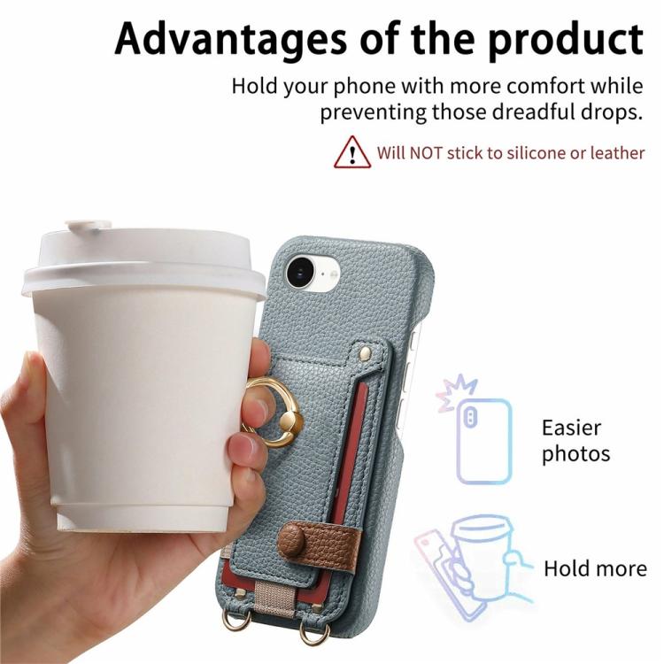 For iPhone 16e / 17e Litchi Texture Card Bag Ring Holder Vegan Leather + PC Phone Case with Shoulder Strap