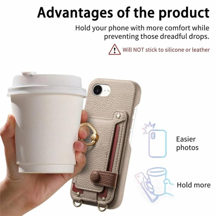 For iPhone 16e / 17e Litchi Texture Card Bag Ring Holder Vegan Leather + PC Phone Case with Shoulder Strap