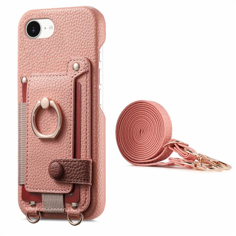 For iPhone 16e / 17e Litchi Texture Card Bag Ring Holder Vegan Leather + PC Phone Case with Shoulder Strap