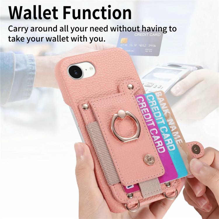 For iPhone 16e / 17e Litchi Texture Card Bag Ring Holder Vegan Leather + PC Phone Case with Shoulder Strap