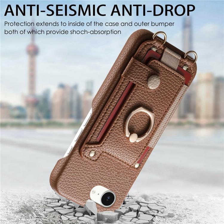 For iPhone 16e / 17e Litchi Texture Card Bag Ring Holder Vegan Leather + PC Phone Case with Shoulder Strap