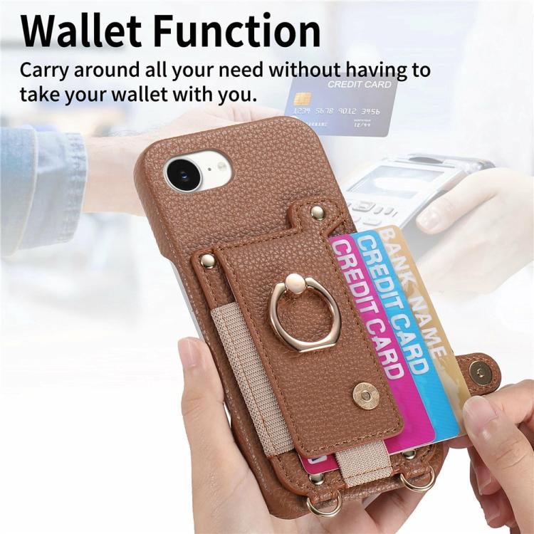 For iPhone 16e / 17e Litchi Texture Card Bag Ring Holder Vegan Leather + PC Phone Case with Shoulder Strap