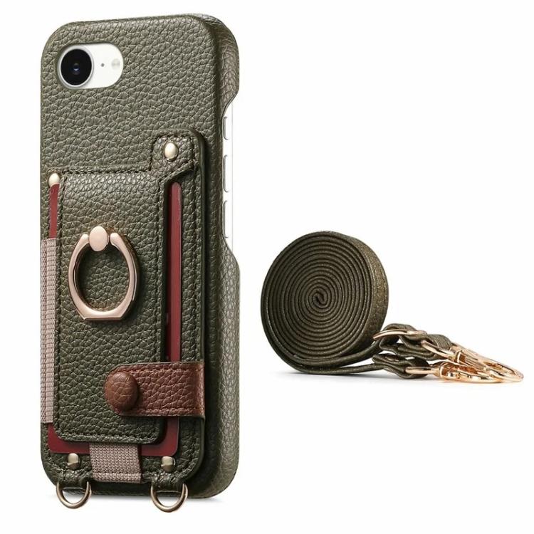For iPhone 16e / 17e Litchi Texture Card Bag Ring Holder Vegan Leather + PC Phone Case with Shoulder Strap