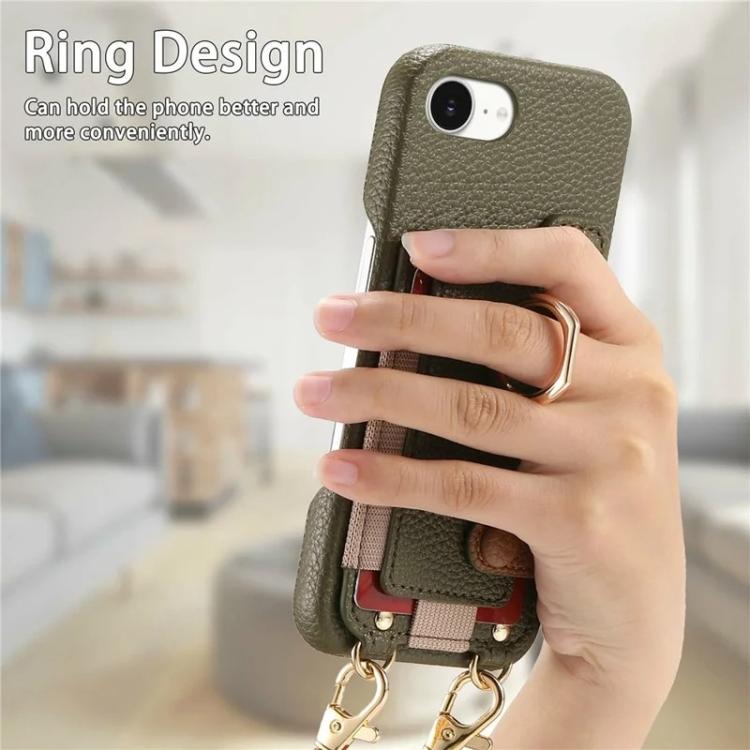 For iPhone 16e / 17e Litchi Texture Card Bag Ring Holder Vegan Leather + PC Phone Case with Shoulder Strap