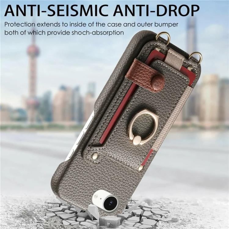 For iPhone 16e / 17e Litchi Texture Card Bag Ring Holder Vegan Leather + PC Phone Case with Shoulder Strap