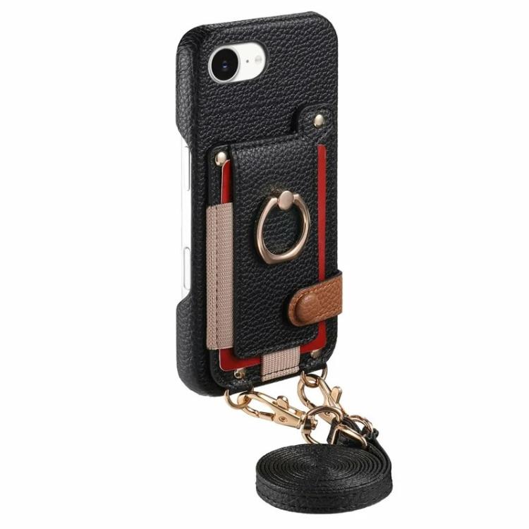 For iPhone XR Litchi Texture Card Bag Ring Holder Vegan Leather + PC Phone Case with Shoulder Strap