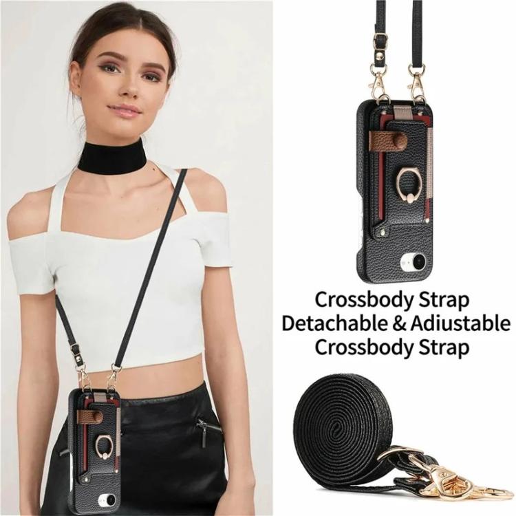 For iPhone XR Litchi Texture Card Bag Ring Holder Vegan Leather + PC Phone Case with Shoulder Strap