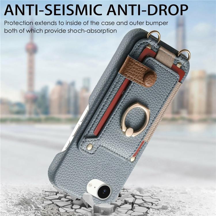 For iPhone XR Litchi Texture Card Bag Ring Holder Vegan Leather + PC Phone Case with Shoulder Strap